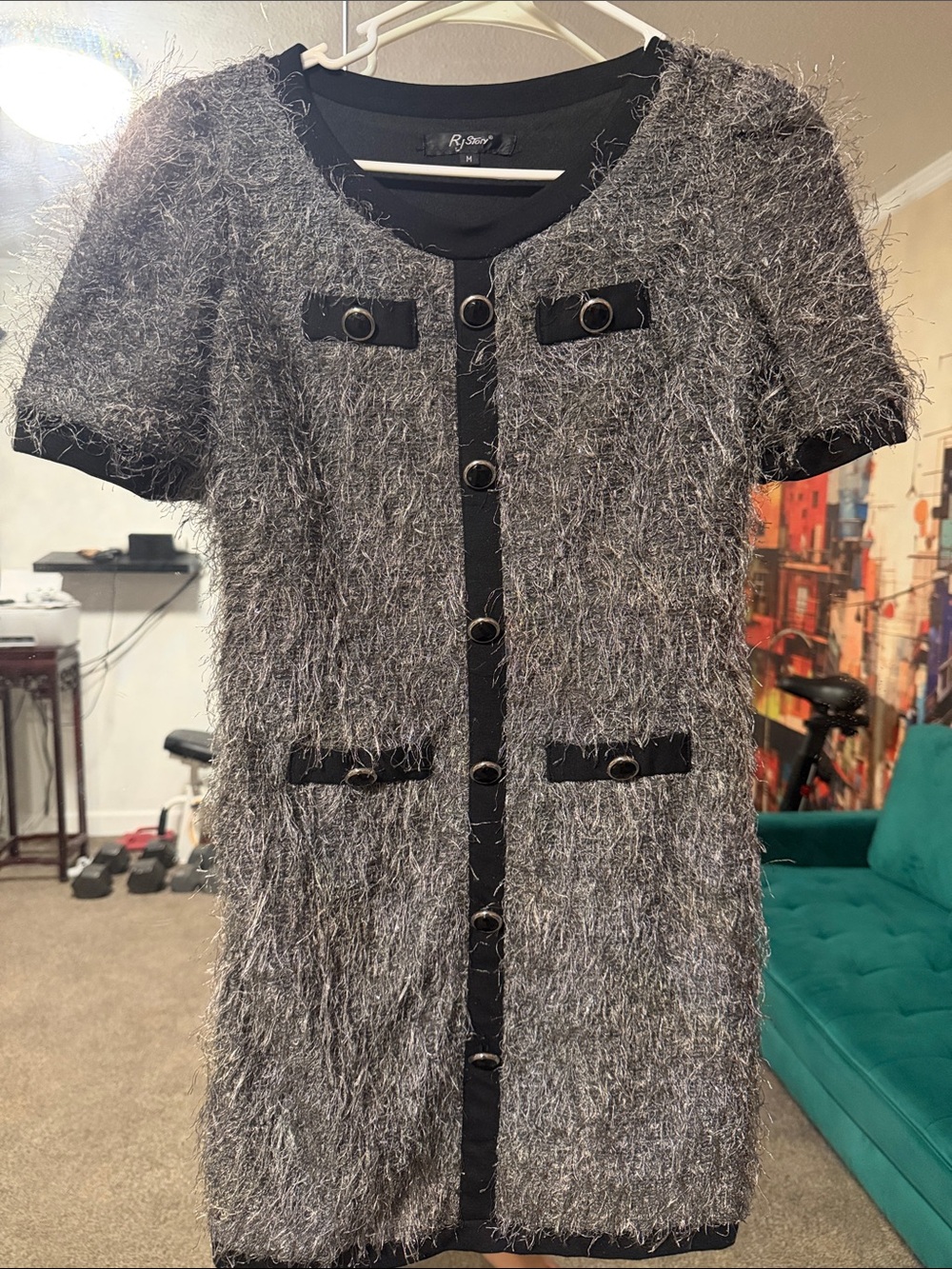 Gray Short-Sleeve Fuzzy Midi Dress with Button Trim